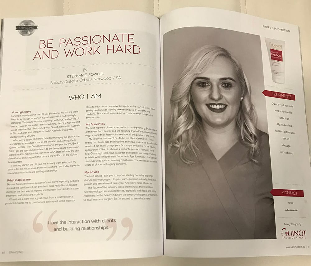 Spa+Clinic Magazine features Orbe's Steph Powell as an icon of the beauty industry